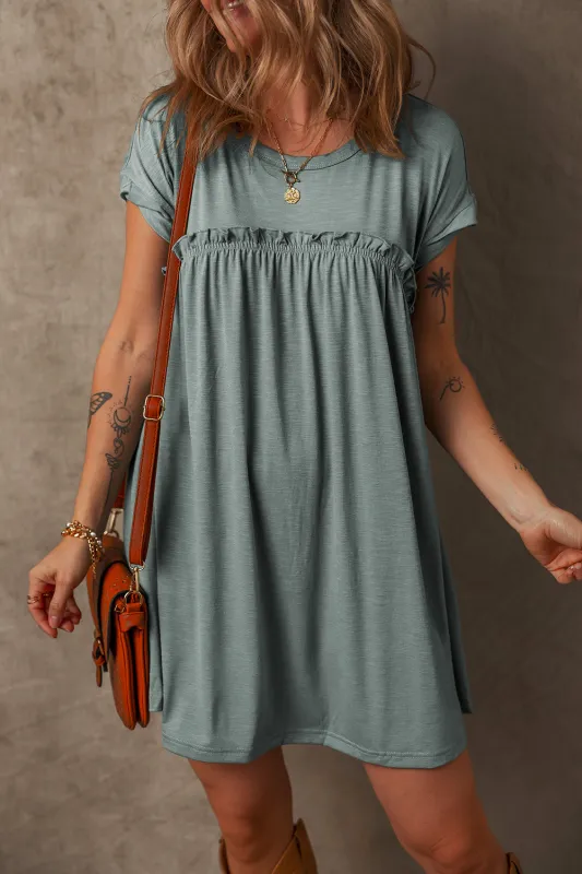 Mist Green Frilled Gathered Seam Round Neck T Shirt Dress sold by Beagle Boutique
