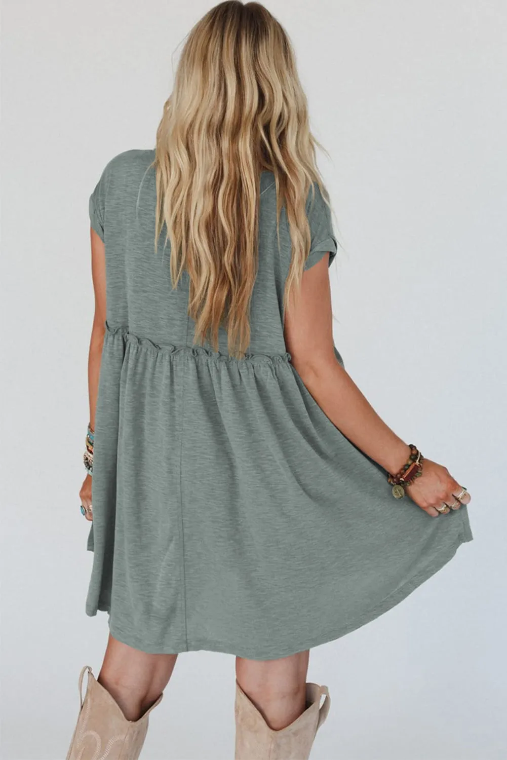 Mist Green Frilled Gathered Seam Round Neck T Shirt Dress sold by Beagle Boutique product image thumbnail 5