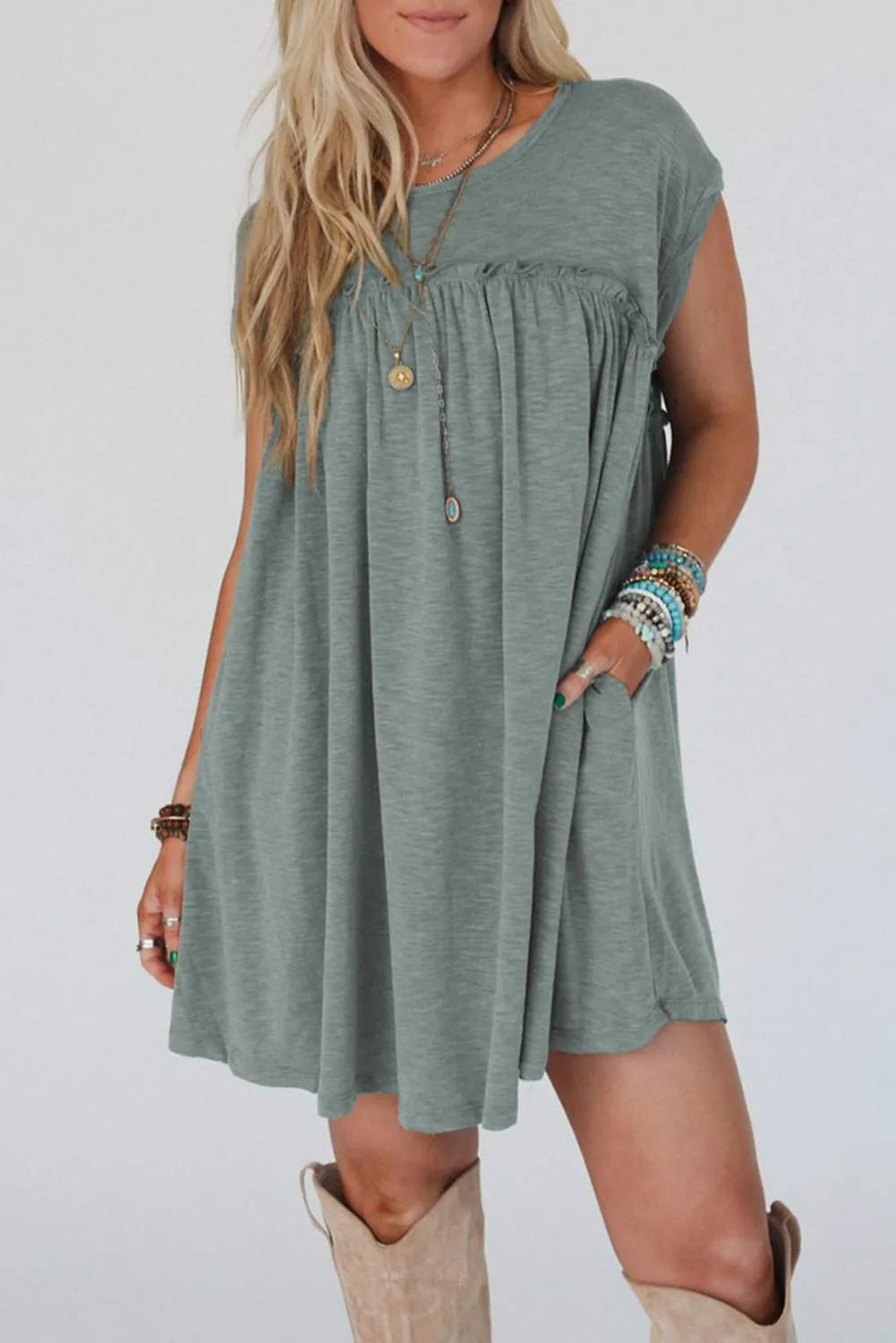 Mist Green Frilled Gathered Seam Round Neck T Shirt Dress sold by Beagle Boutique product image thumbnail 4