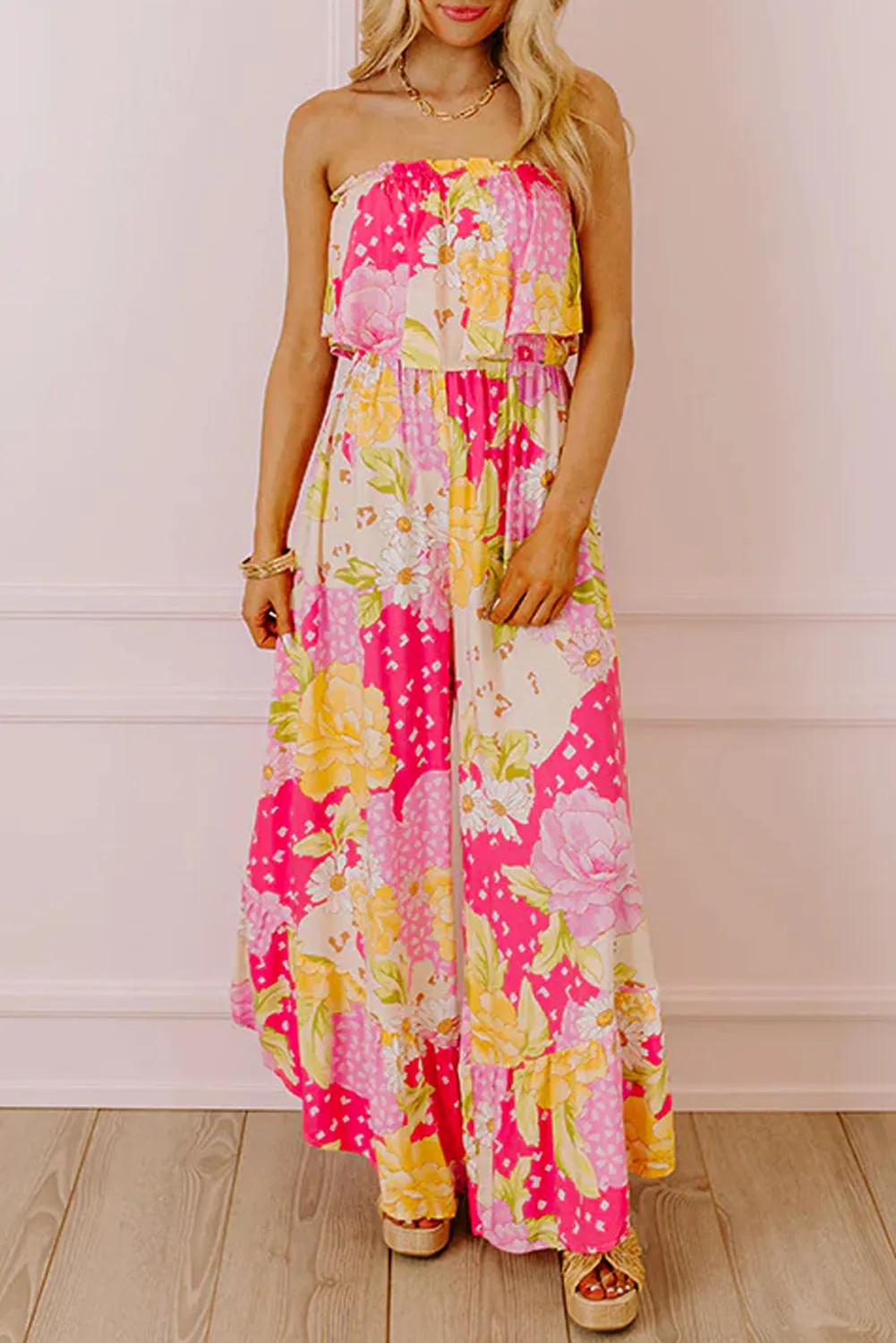 Multicolour Floral Print Ruffled High Waist Tube Top Loose Jumpsuit sold by Beagle Boutique product image thumbnail 5