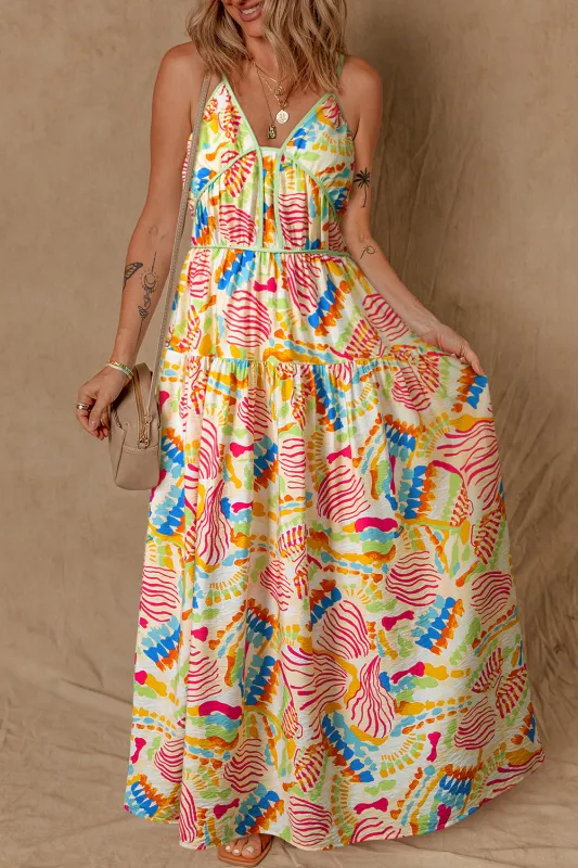 Orange Abstract Print Spaghetti Strap Piping Detail Maxi Dres sold by Beagle Boutique