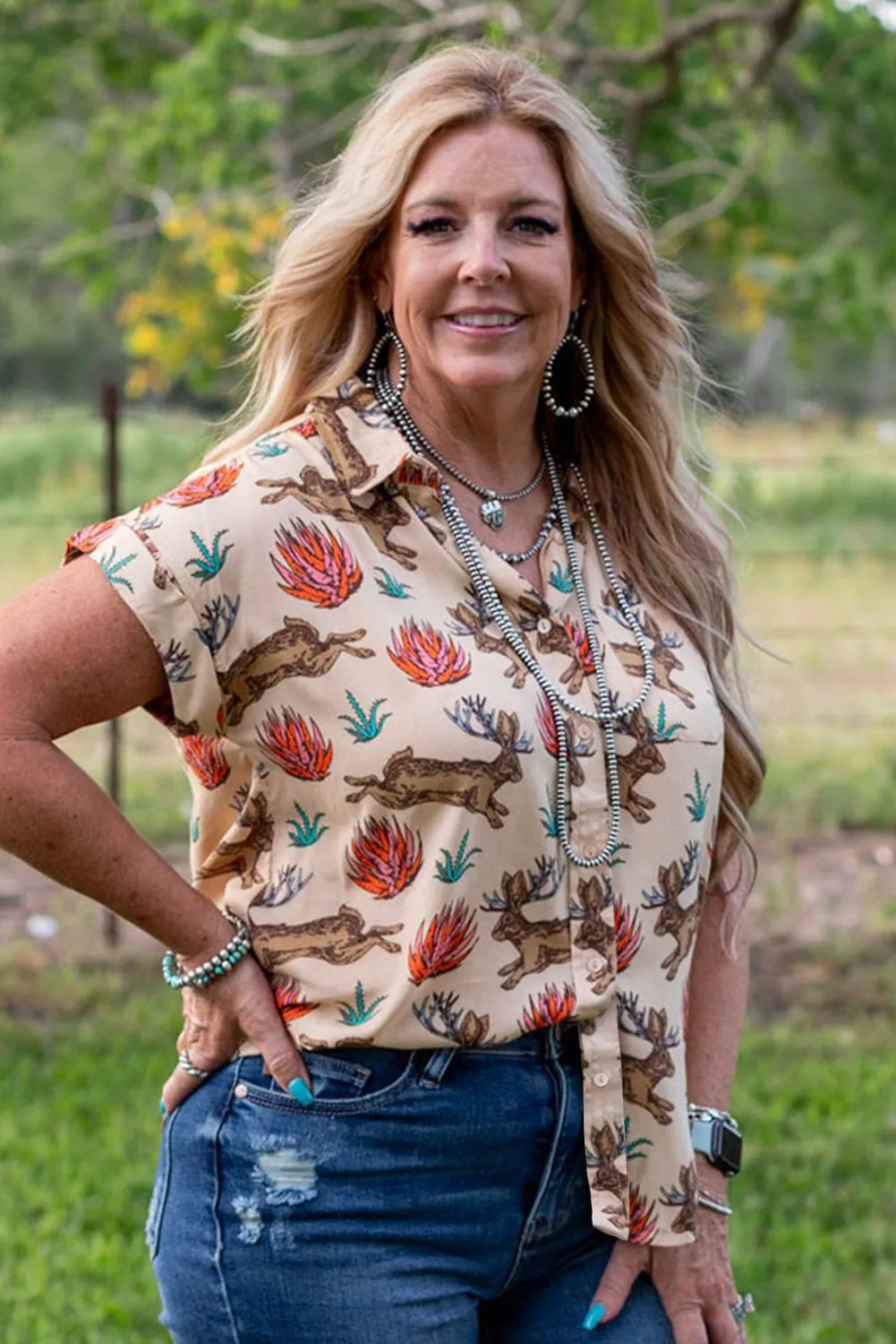 Khaki Plus Size Western Pattern Print Buttoned Short Sleeve Shirt sold by Beagle Boutique product image thumbnail 2