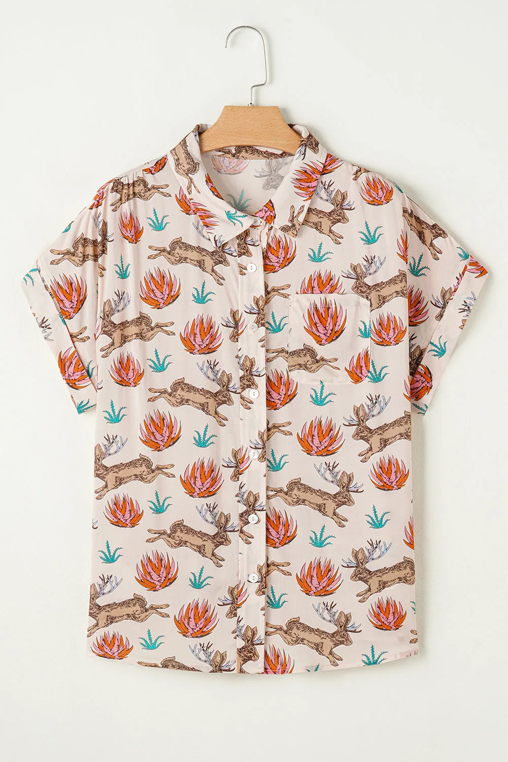 Khaki Plus Size Western Pattern Print Buttoned Short Sleeve Shirt sold by Beagle Boutique product image thumbnail 4