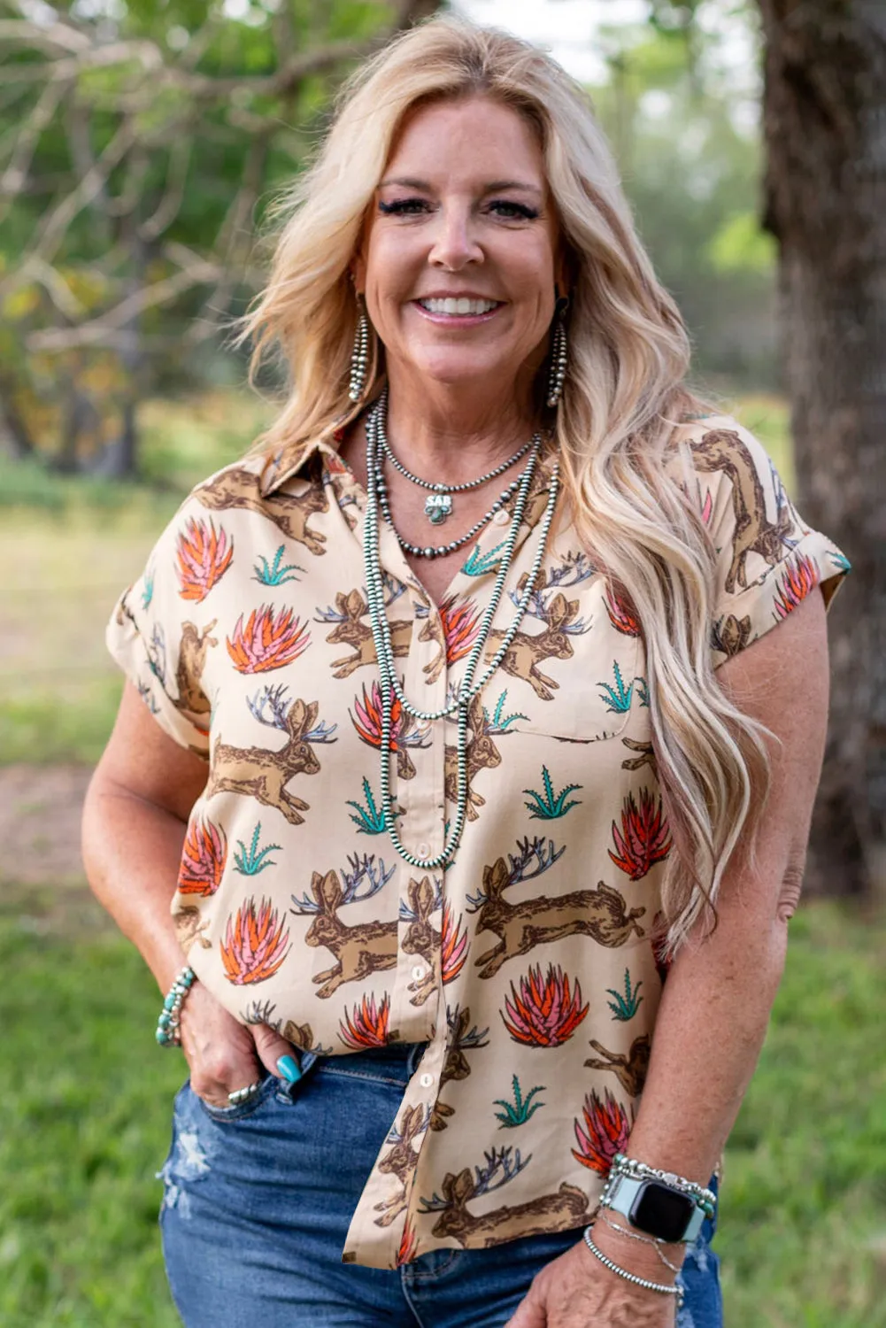 Khaki Plus Size Western Pattern Print Buttoned Short Sleeve Shirt sold by Beagle Boutique product image thumbnail 3