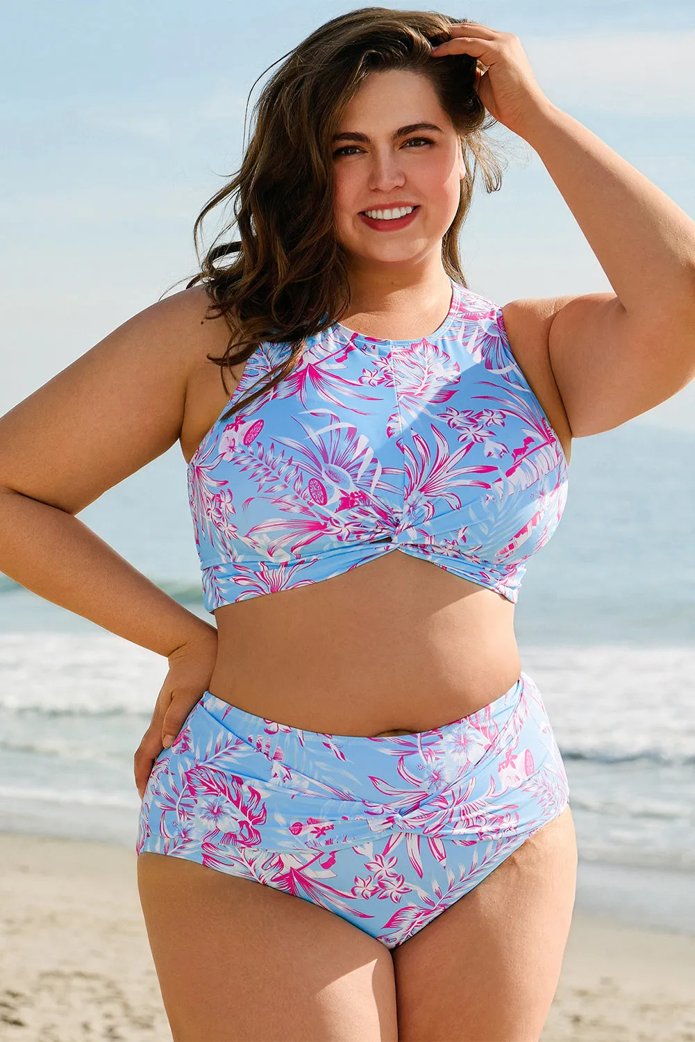 Sky Blue Plus Size Floral Print Twisted High Waist Bikini Set sold by Beagle Boutique