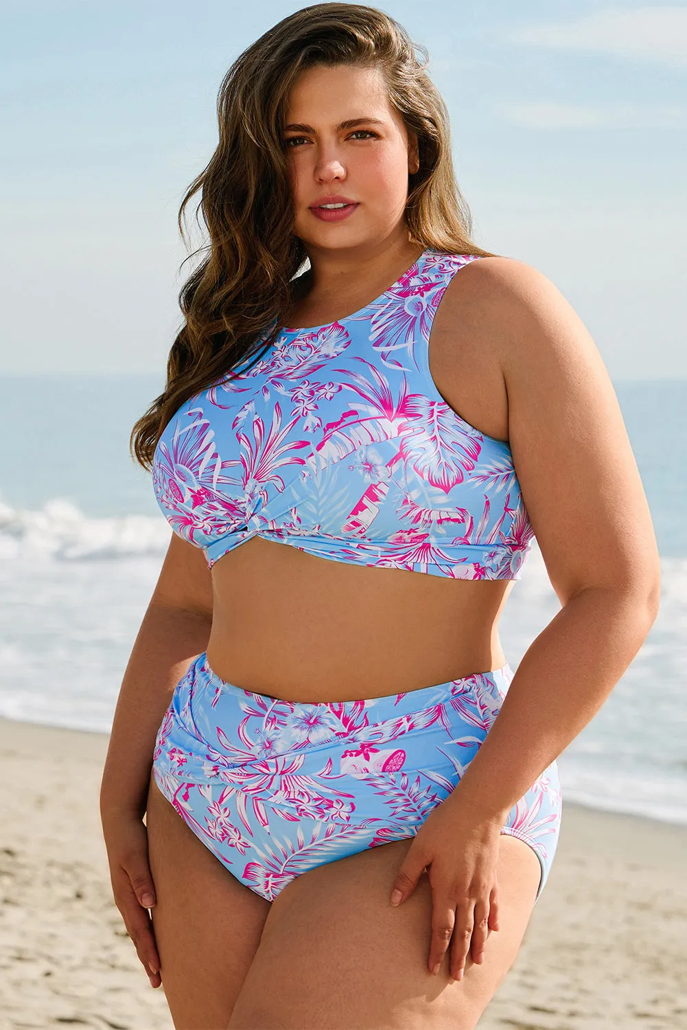 Sky Blue Plus Size Floral Print Twisted High Waist Bikini Set sold by Beagle Boutique product image thumbnail 3