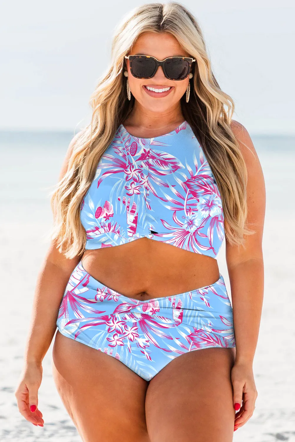 Sky Blue Plus Size Floral Print Twisted High Waist Bikini Set sold by Beagle Boutique product image thumbnail 4