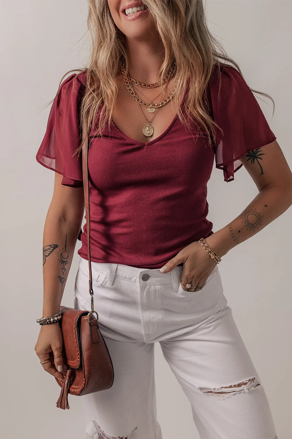 Red Dahlia Mesh Ruffled Sleeve Slim Fit V Neck Top sold by Beagle Boutique