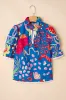 Blue Abstract Print Frilled Collar Ruffled Puff Short Sleeve Top sold by Beagle Boutique