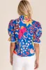 Blue Abstract Print Frilled Collar Ruffled Puff Short Sleeve Top sold by Beagle Boutique