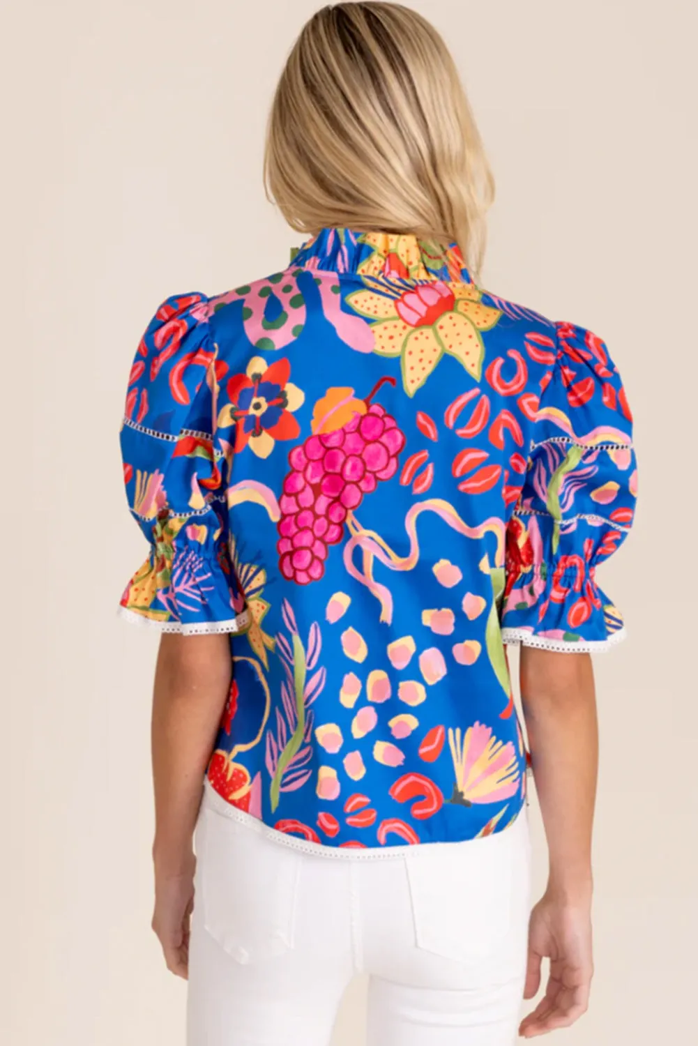 Blue Abstract Print Frilled Collar Ruffled Puff Short Sleeve Top sold by Beagle Boutique product image thumbnail 2