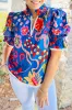 Blue Abstract Print Frilled Collar Ruffled Puff Short Sleeve Top sold by Beagle Boutique