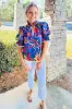 Blue Abstract Print Frilled Collar Ruffled Puff Short Sleeve Top sold by Beagle Boutique