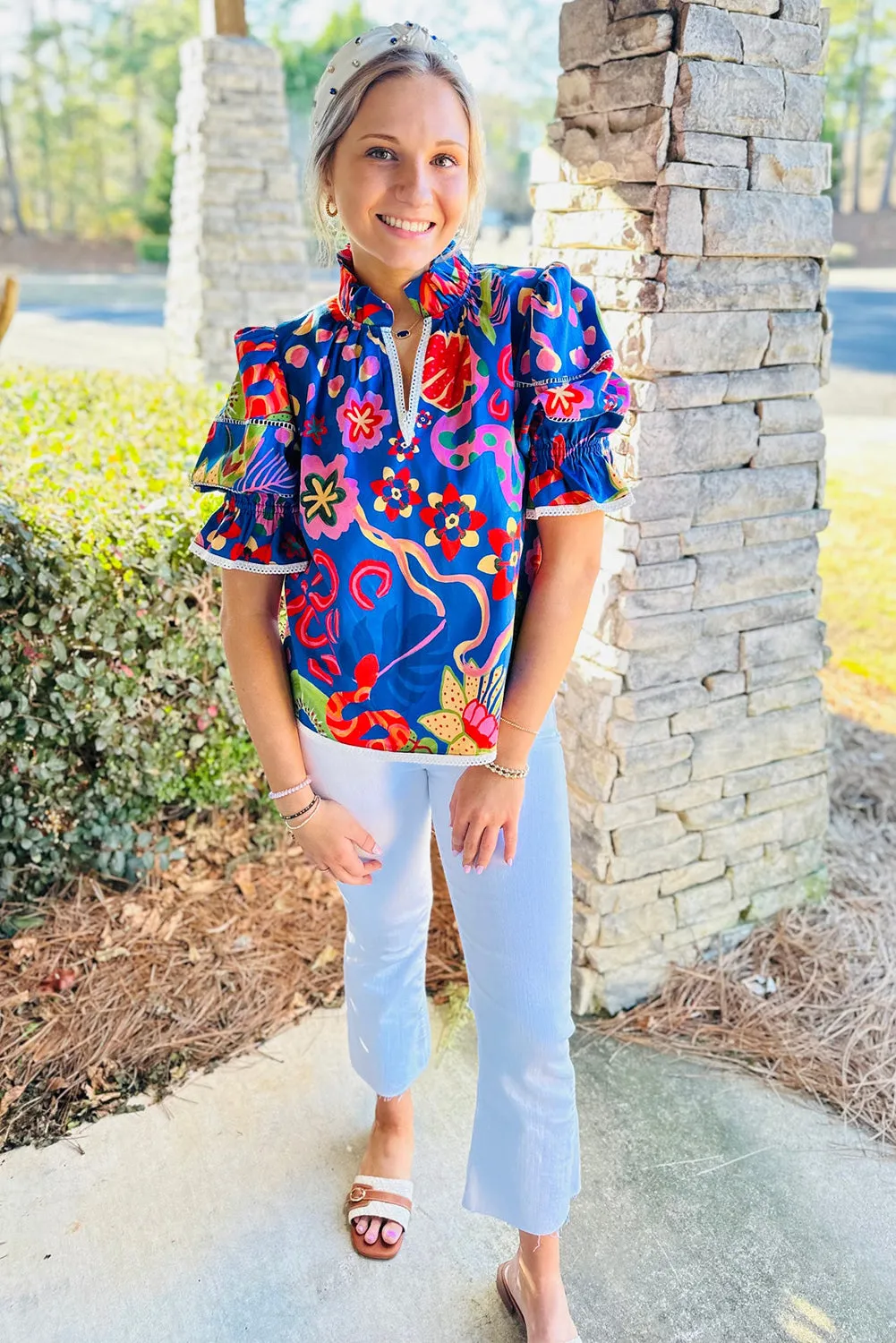 Blue Abstract Print Frilled Collar Ruffled Puff Short Sleeve Top sold by Beagle Boutique product image thumbnail 3