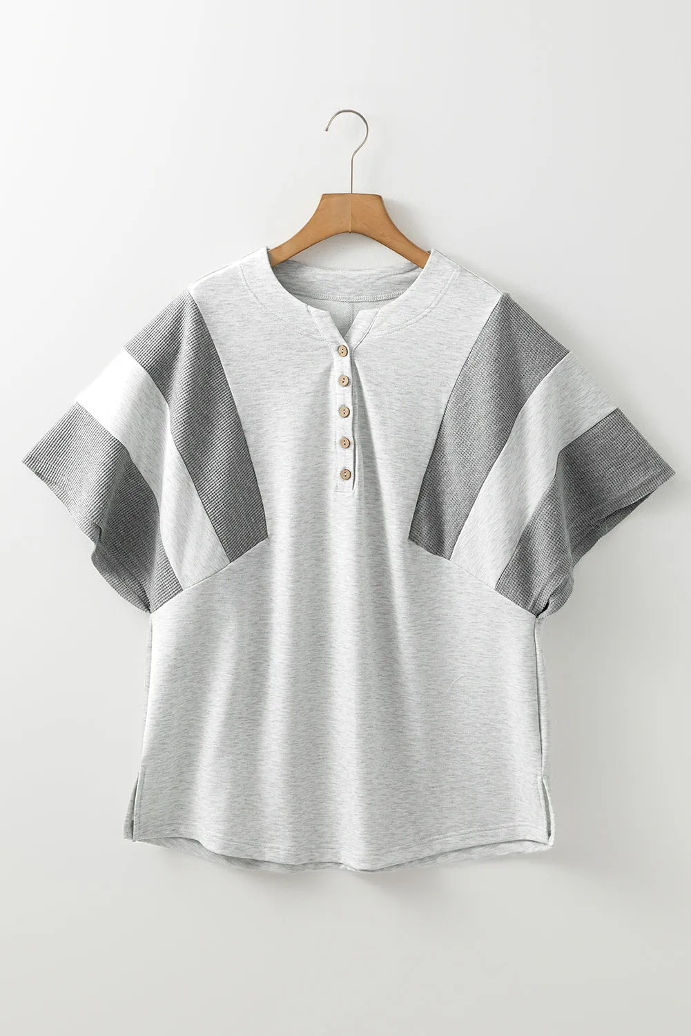Light Grey Two Tone Contrast Waffle Knit Patched Buttoned V Neck Top sold by Beagle Boutique product image thumbnail 4
