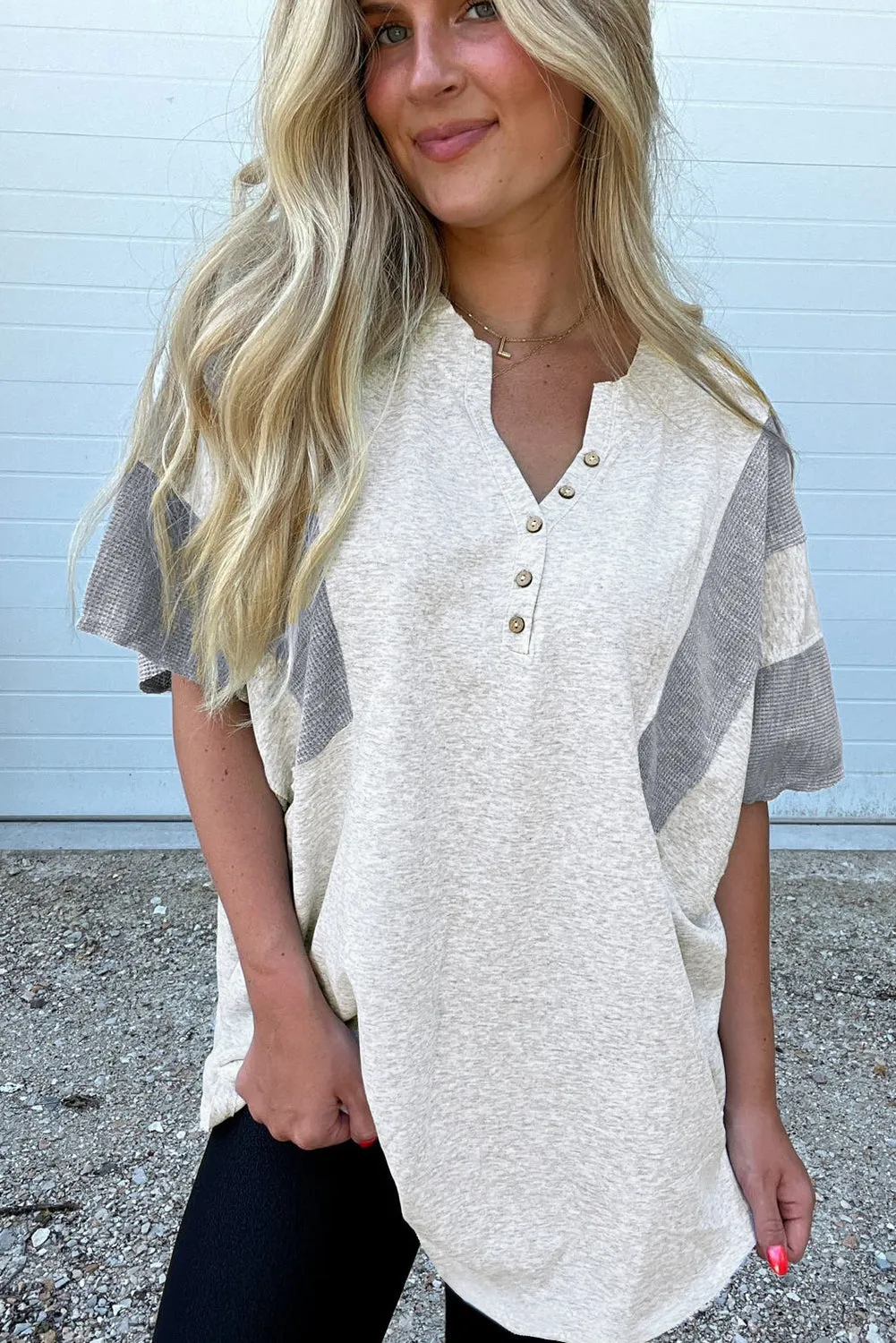 Light Grey Two Tone Contrast Waffle Knit Patched Buttoned V Neck Top sold by Beagle Boutique product image thumbnail 3