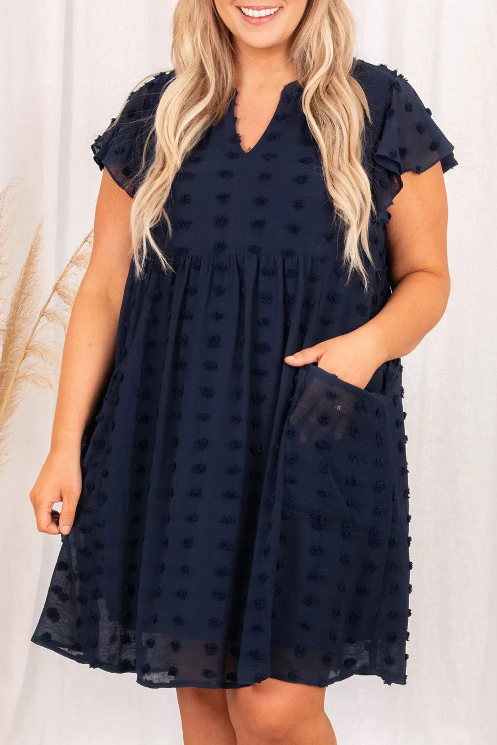 Navy Blue Dotty Textured Notched Neck Plus Ruffled Dress sold by Beagle Boutique