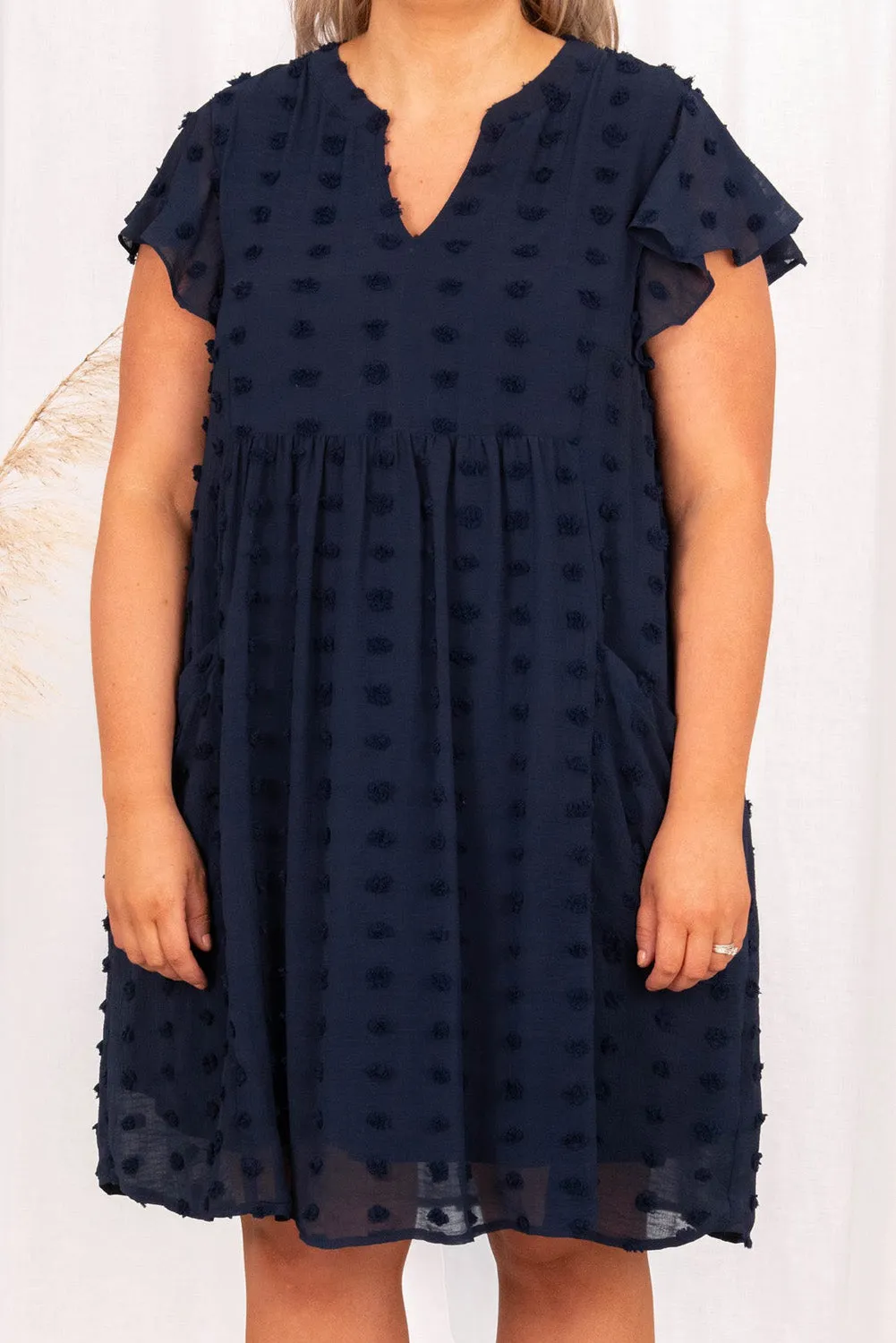 Navy Blue Dotty Textured Notched Neck Plus Ruffled Dress sold by Beagle Boutique product image thumbnail 3