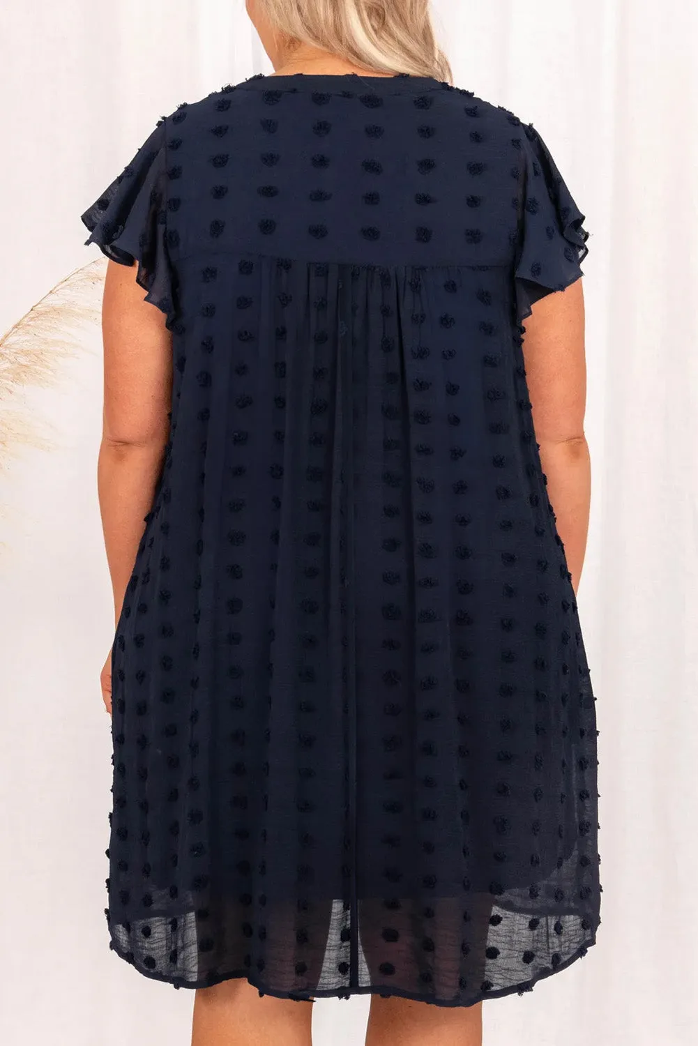 Navy Blue Dotty Textured Notched Neck Plus Ruffled Dress sold by Beagle Boutique product image thumbnail 2