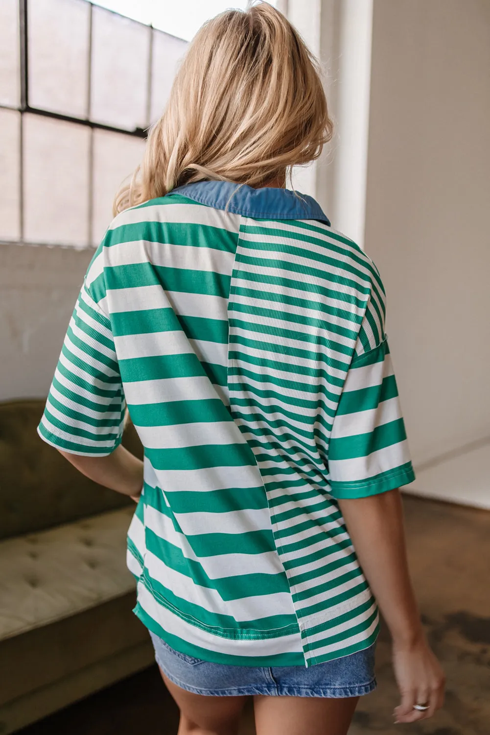 Green Stripe Colourblock Collar Half Buttons T Shirt sold by Beagle Boutique product image thumbnail 2