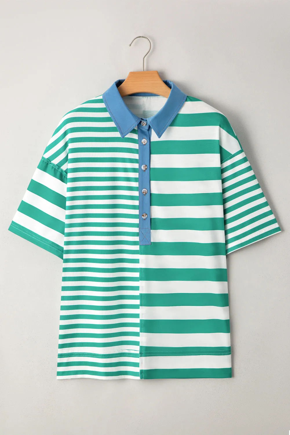 Green Stripe Colourblock Collar Half Buttons T Shirt sold by Beagle Boutique product image thumbnail 4