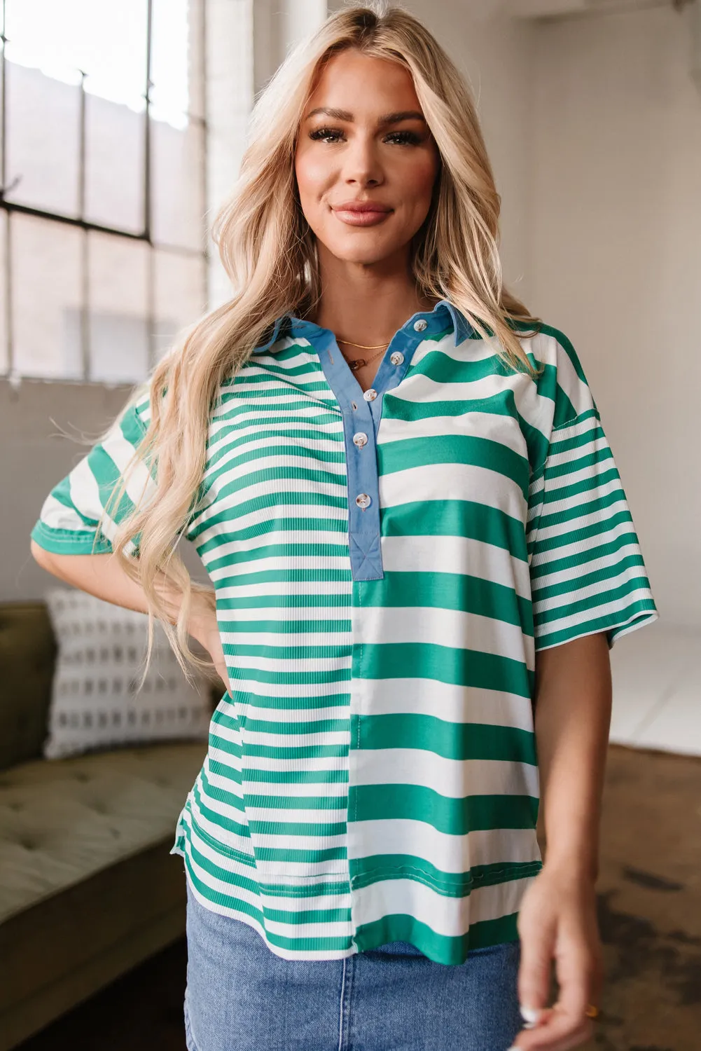 Green Stripe Colourblock Collar Half Buttons T Shirt sold by Beagle Boutique