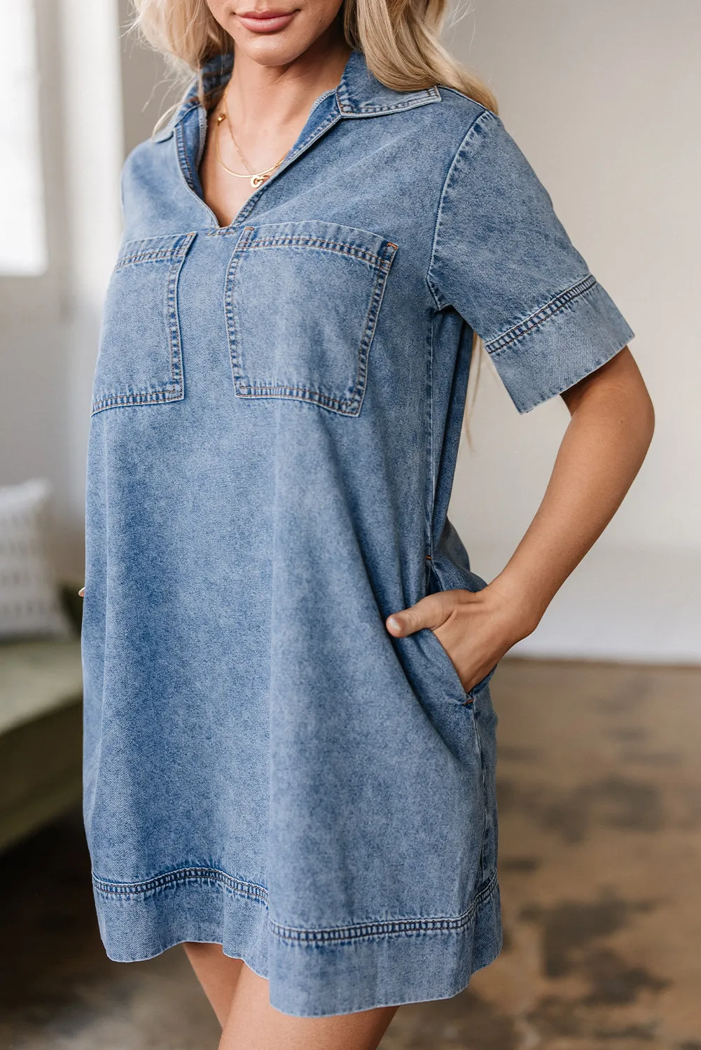 Beau Blue Short Sleeve Collared Patched Pocket Denim Mini Dress sold by Beagle Boutique product image thumbnail 5