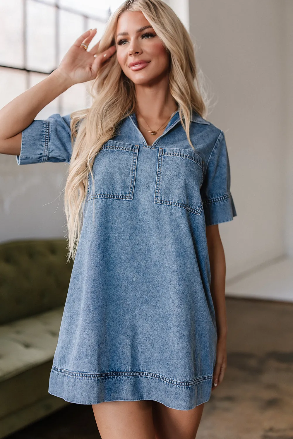 Beau Blue Short Sleeve Collared Patched Pocket Denim Mini Dress sold by Beagle Boutique