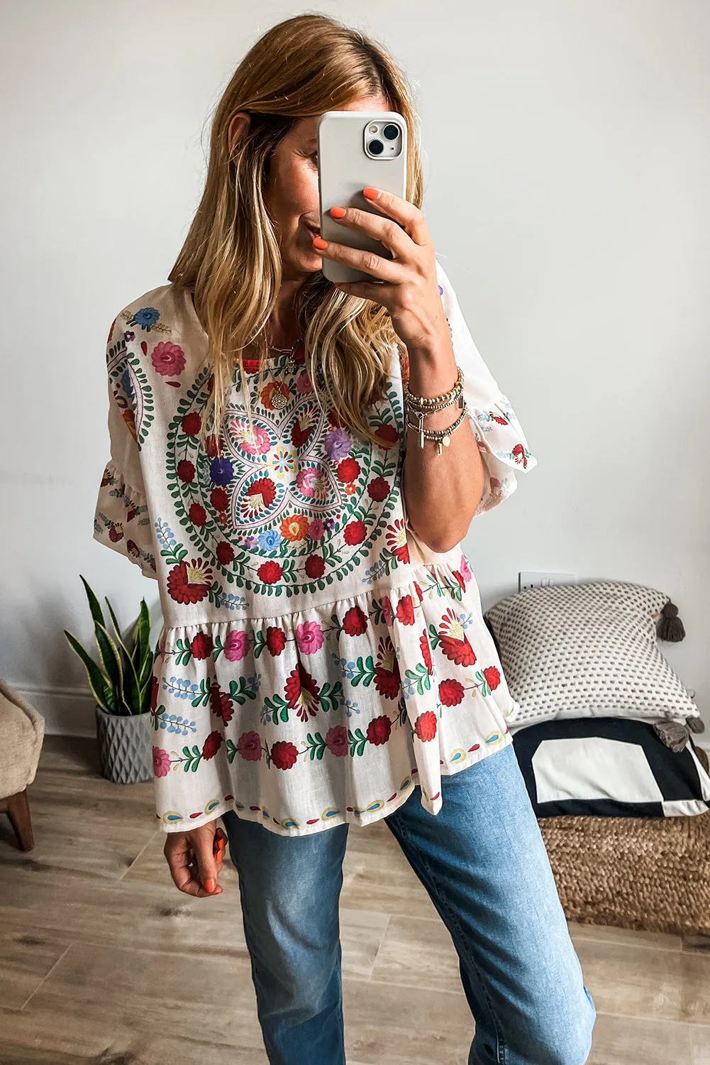 White Boho Floral Print Round Neck Ruffle Trim Blouse sold by Beagle Boutique product image thumbnail 3