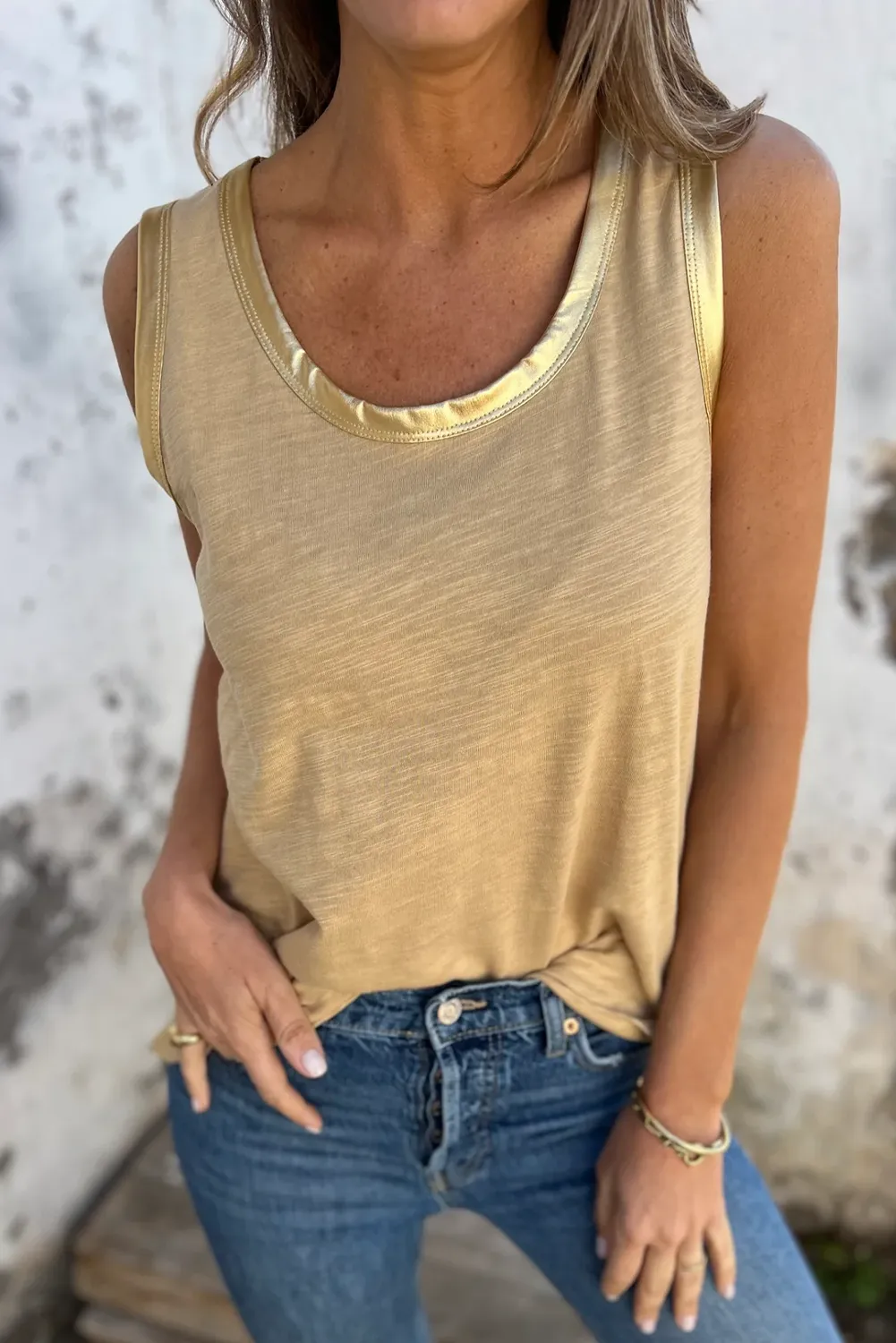 Tan Metallic Sheen Edge Scoop Neck Tank Top sold by Beagle Boutique