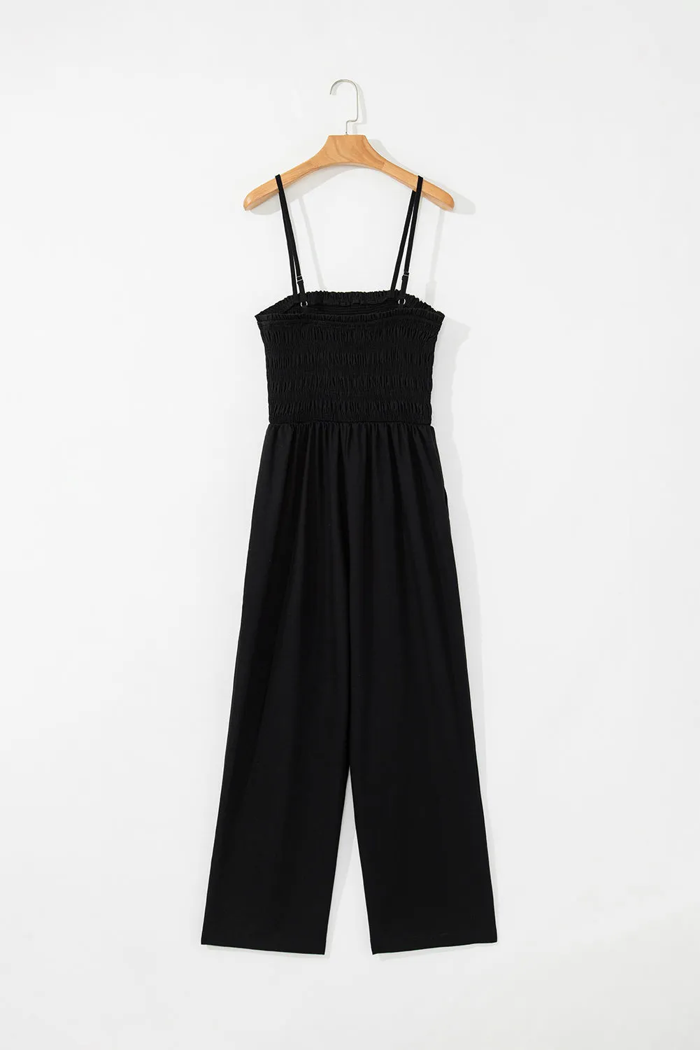 Black Spaghetti Straps Shirred Bodice Pocketed Wide Leg Jumpsuit sold by Beagle Boutique product image thumbnail 5