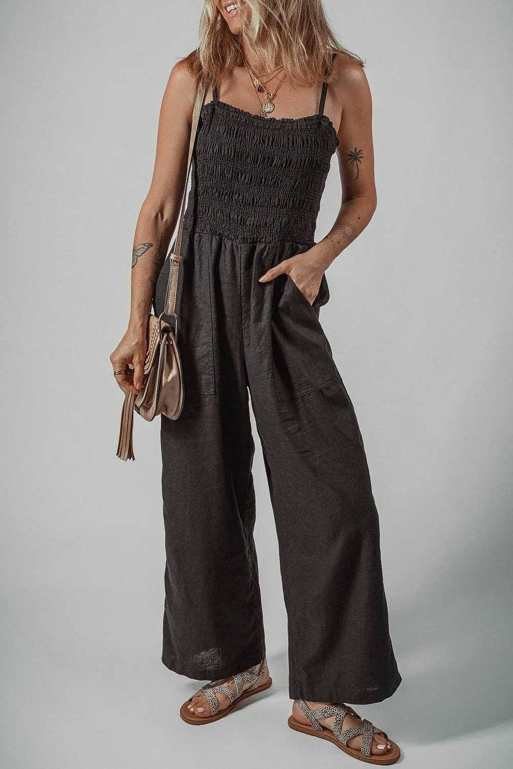 Black Spaghetti Straps Shirred Bodice Pocketed Wide Leg Jumpsuit sold by Beagle Boutique