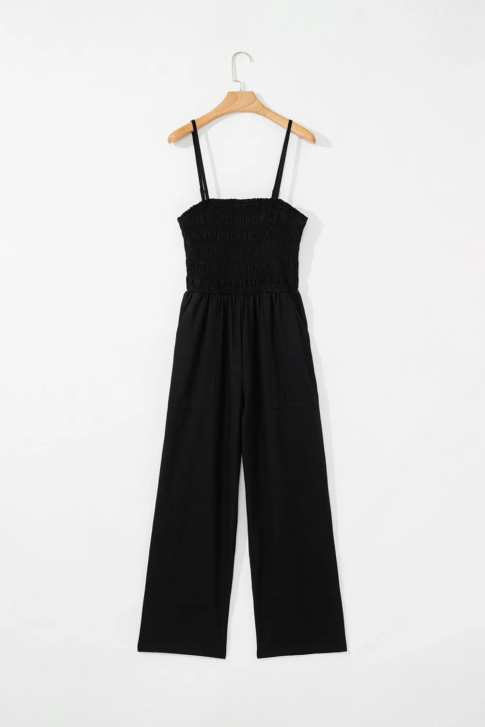 Black Spaghetti Straps Shirred Bodice Pocketed Wide Leg Jumpsuit sold by Beagle Boutique product image thumbnail 4
