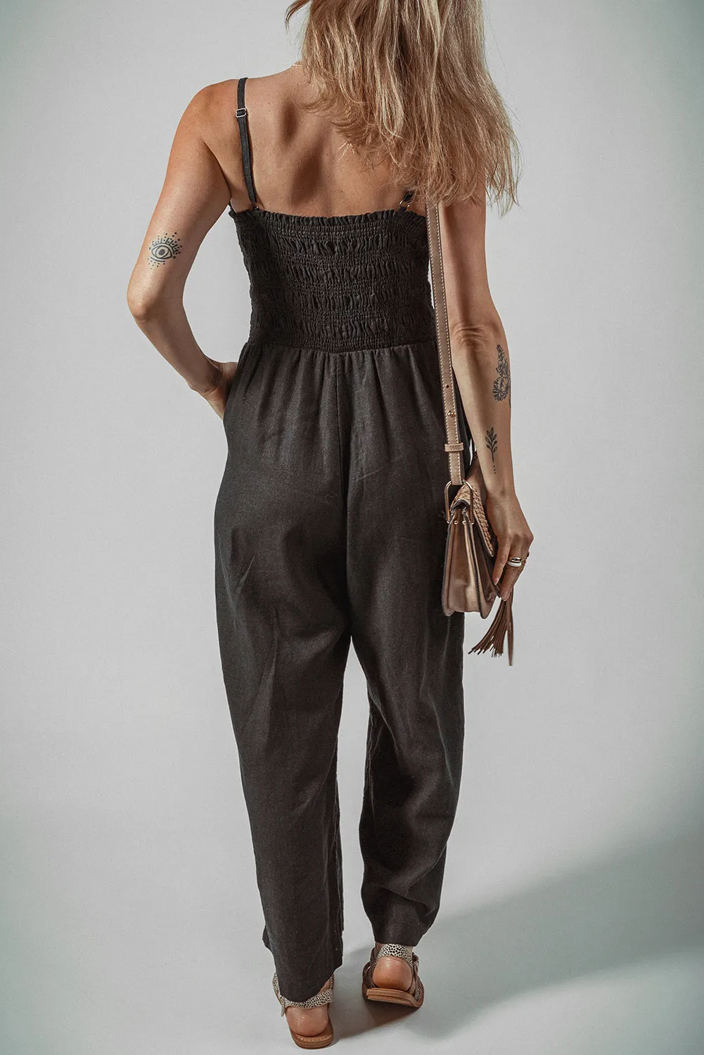 Black Spaghetti Straps Shirred Bodice Pocketed Wide Leg Jumpsuit sold by Beagle Boutique product image thumbnail 2
