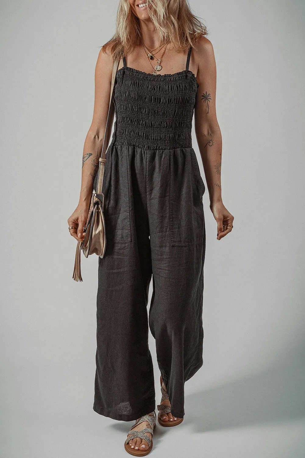 Black Spaghetti Straps Shirred Bodice Pocketed Wide Leg Jumpsuit sold by Beagle Boutique product image thumbnail 3