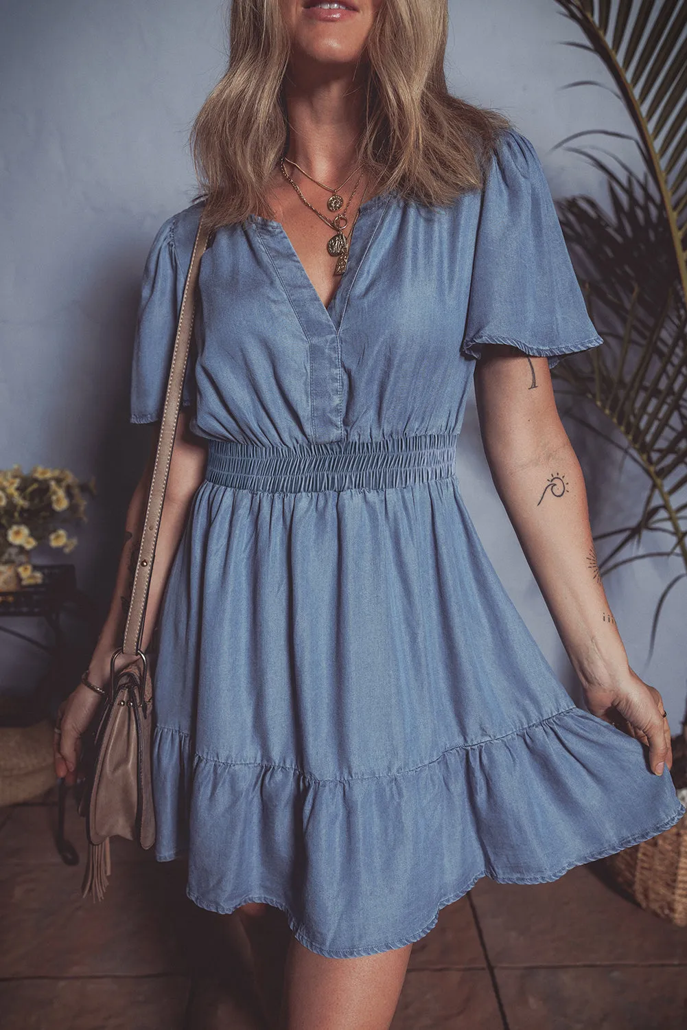 Ashleigh Blue Ruffled V Neck Smocked High Waist Denim Mini Dress sold by Beagle Boutique