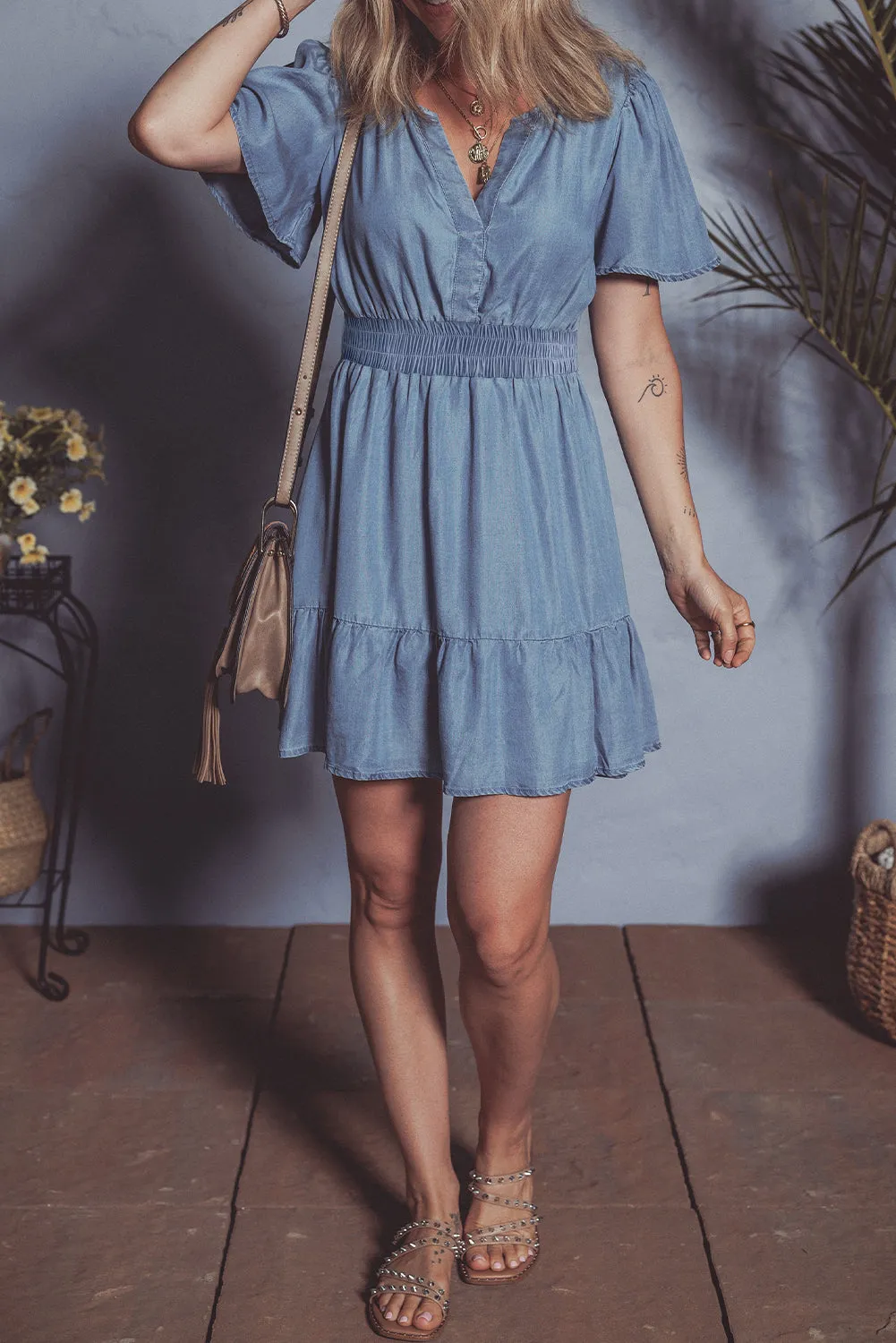 Ashleigh Blue Ruffled V Neck Smocked High Waist Denim Mini Dress sold by Beagle Boutique product image thumbnail 5