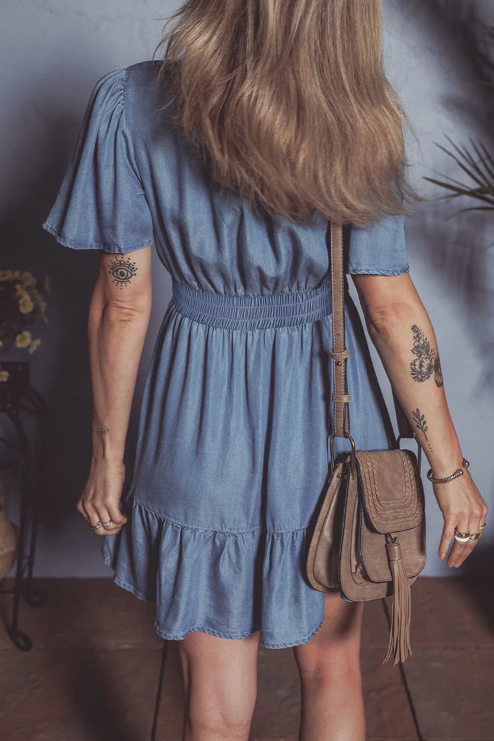 Ashleigh Blue Ruffled V Neck Smocked High Waist Denim Mini Dress sold by Beagle Boutique product image thumbnail 2