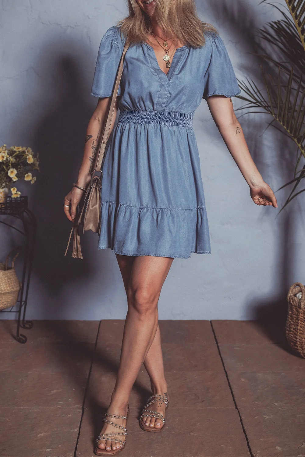 Ashleigh Blue Ruffled V Neck Smocked High Waist Denim Mini Dress sold by Beagle Boutique product image thumbnail 4