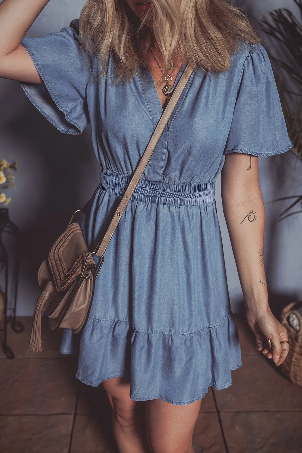 Ashleigh Blue Ruffled V Neck Smocked High Waist Denim Mini Dress sold by Beagle Boutique product image thumbnail 3