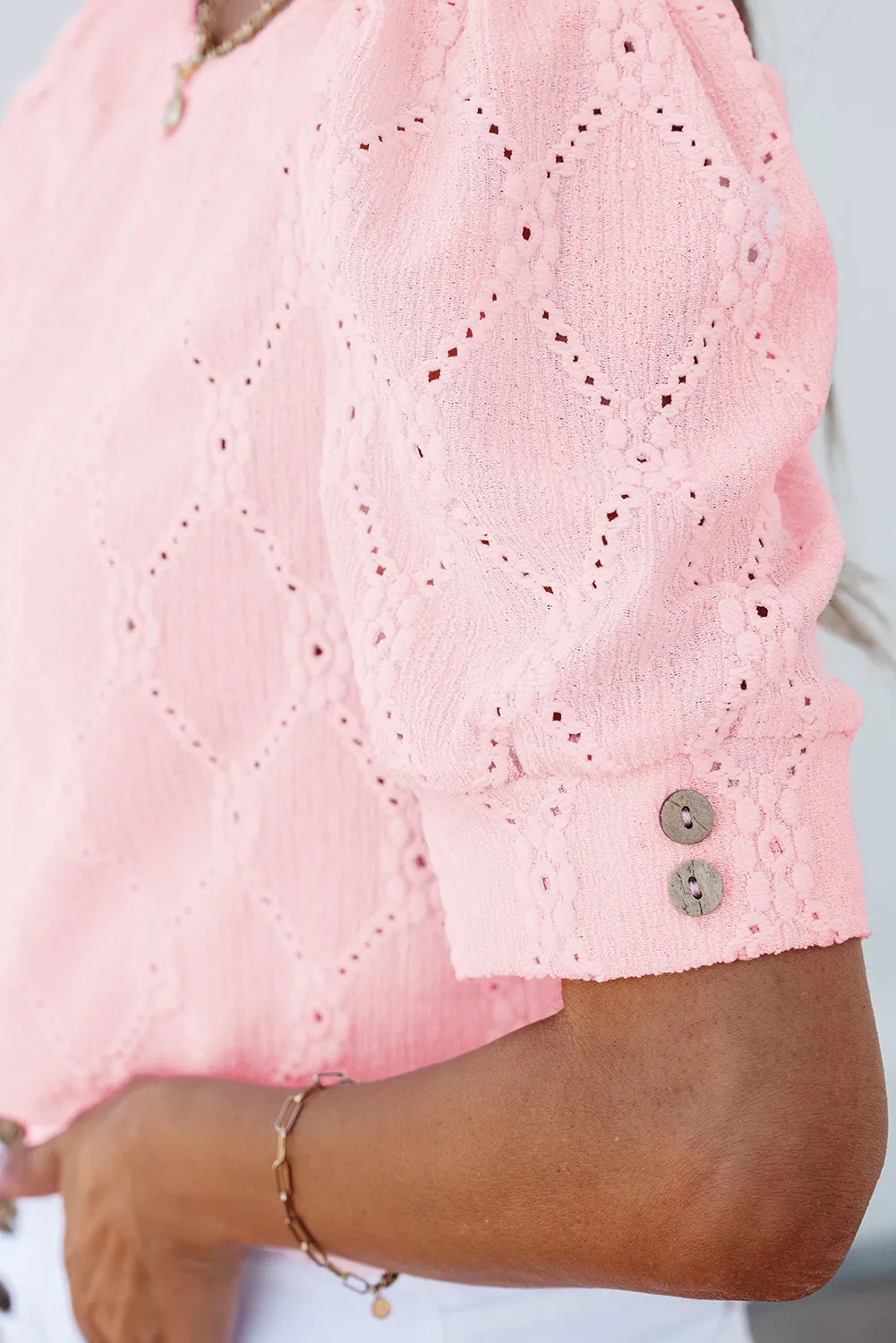 Pink Flower Geometric Textured Button Short Sleeve Top sold by Beagle Boutique product image thumbnail 4