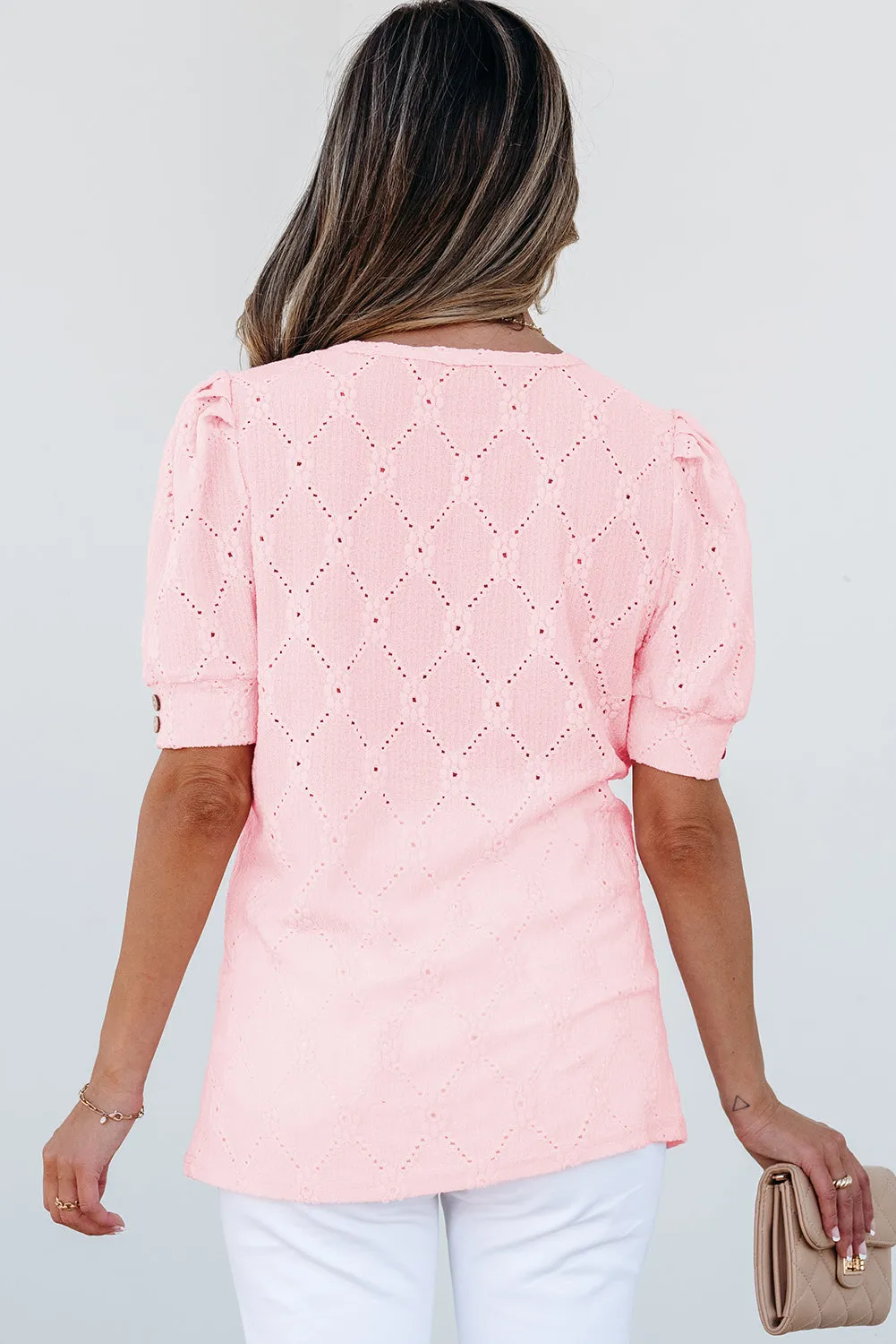Pink Flower Geometric Textured Button Short Sleeve Top sold by Beagle Boutique product image thumbnail 2