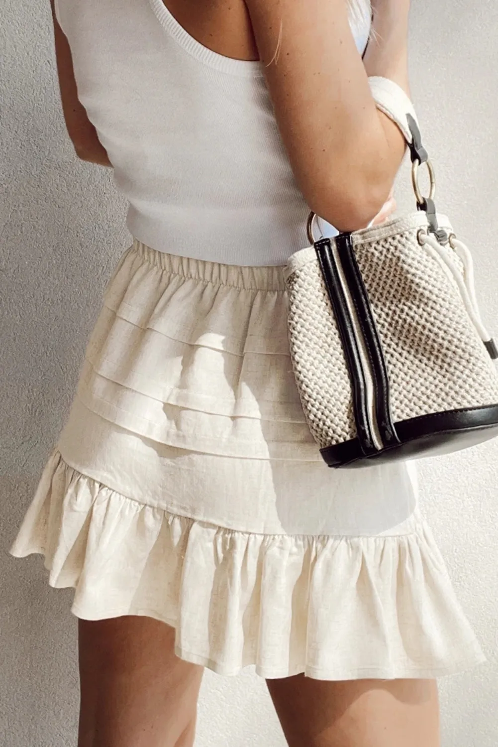 Beige Tiered Ruffled Hemline Elastic Waist Mini Skirt sold by Beagle Boutique product image thumbnail 2