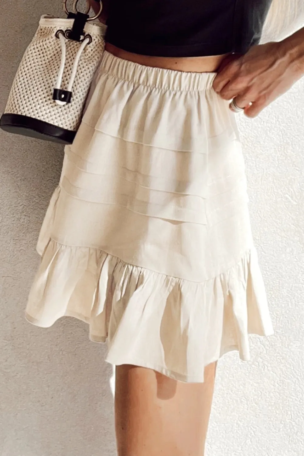 Beige Tiered Ruffled Hemline Elastic Waist Mini Skirt sold by Beagle Boutique product image thumbnail 3