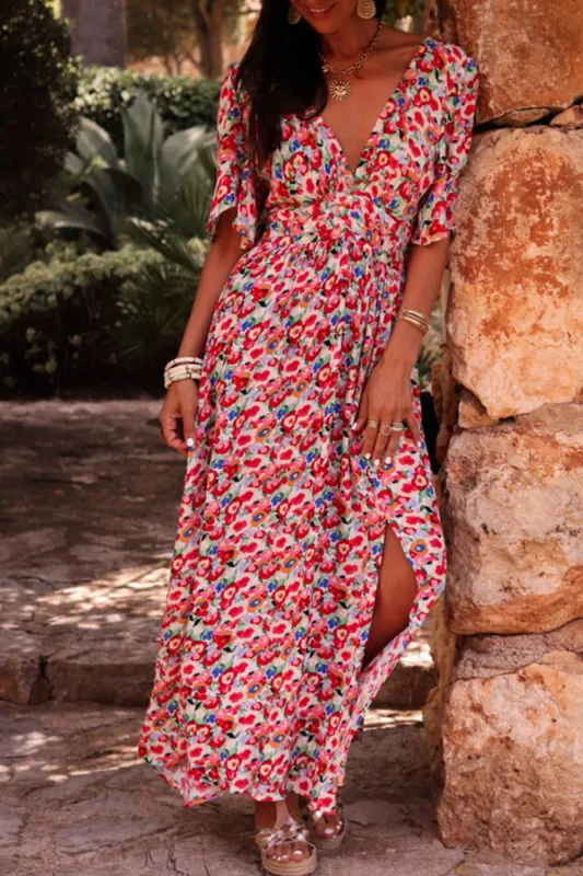 Red Floral Half Sleeve Deep V Neck Cutout Back Split Maxi Dress sold by Beagle Boutique