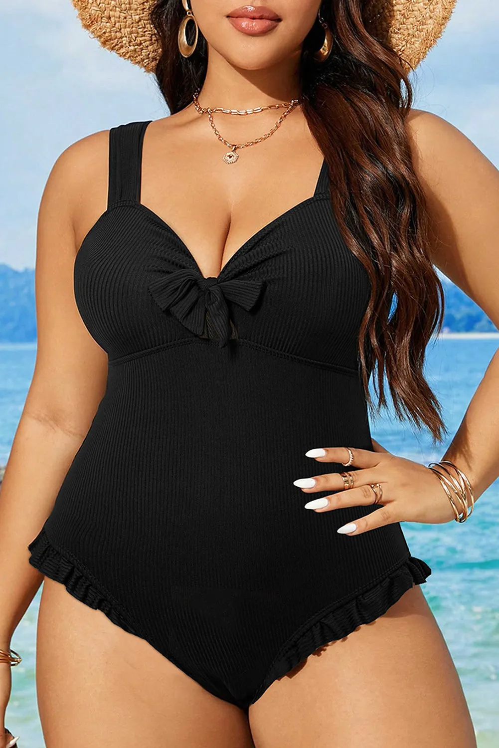 Black Plus Size Textured Knotted Ruffled Trim One Piece Swimwear sold by Beagle Boutique product image thumbnail 4