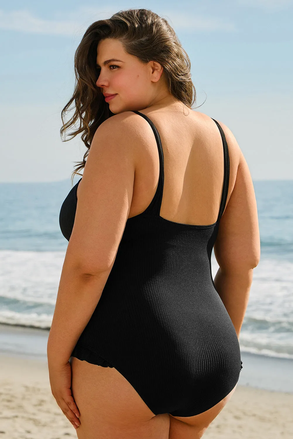 Black Plus Size Textured Knotted Ruffled Trim One Piece Swimwear sold by Beagle Boutique product image thumbnail 2