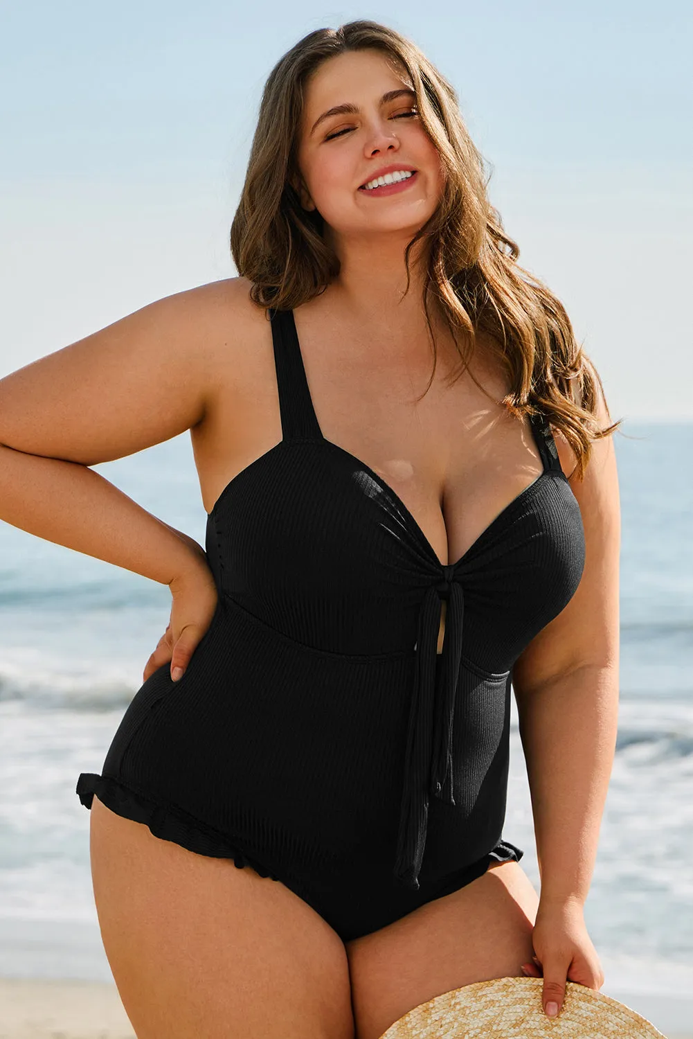 Black Plus Size Textured Knotted Ruffled Trim One Piece Swimwear sold by Beagle Boutique product image thumbnail 3