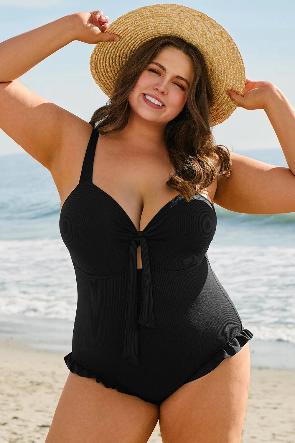 Black Plus Size Textured Knotted Ruffled Trim One Piece Swimwear sold by Beagle Boutique