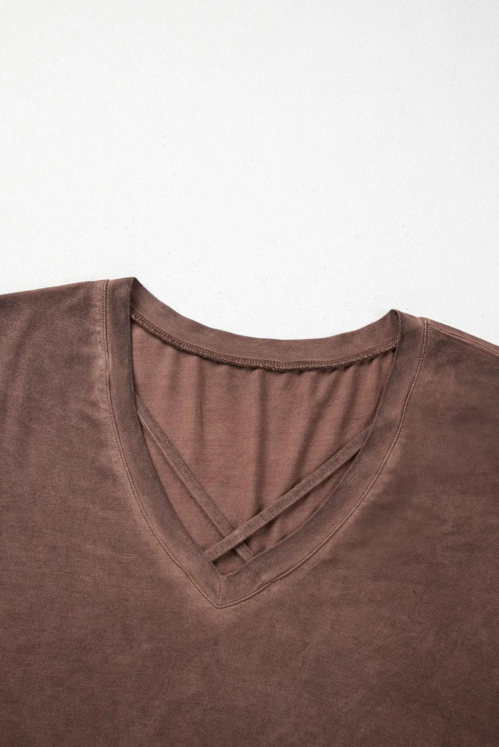 Chestnut Mineral Wash Criss Cross V Neck Casual T Shirt sold by Beagle Boutique product image thumbnail 3